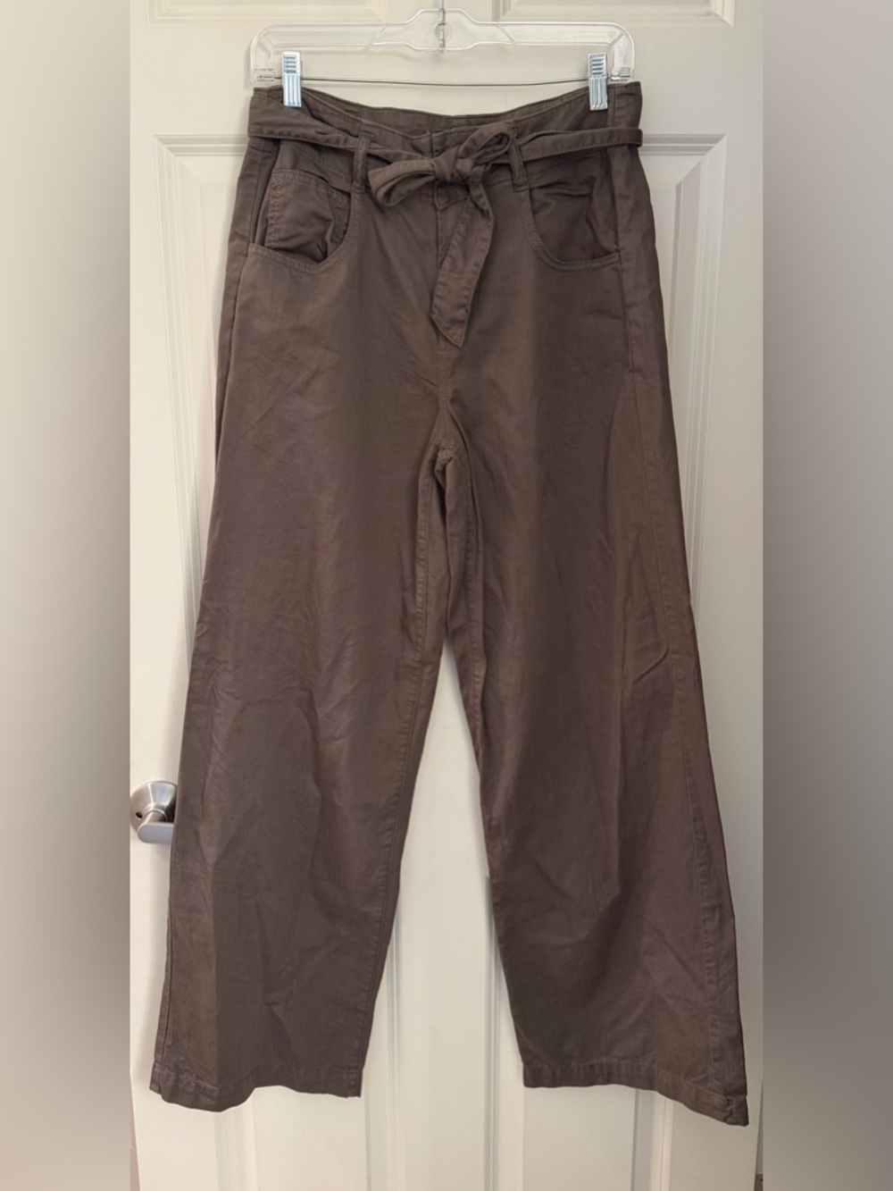 OAT 100% Cotton Wide Leg Full Length Pant w/ Tie Belt Closure, Khaki/Olive, 28